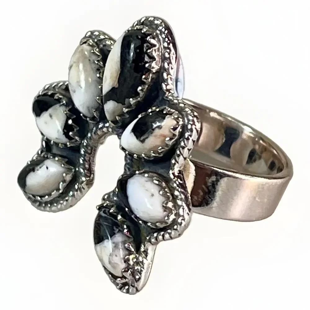 White Buffalo Turquoise Sterling Silver Naja Cluster Statement Ring Adjust Size